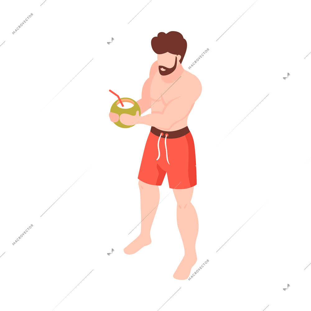 Isometric beach house tropic holidays people composition with isolated human characters vector illustration