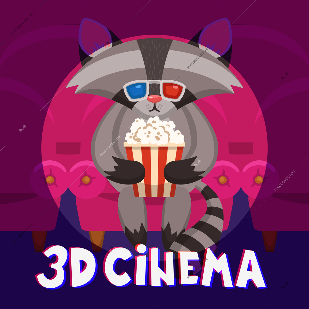 Cute raccoon animal with popcorn in movie theatre 3d cinema poster vector illustration