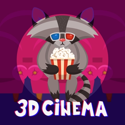 Cute raccoon animal with popcorn in movie theatre 3d cinema poster vector illustration