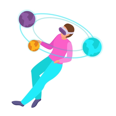 Virtual augmented reality composition with human character engaged in vr activity surrounded by holographic isometric icons vector illustration