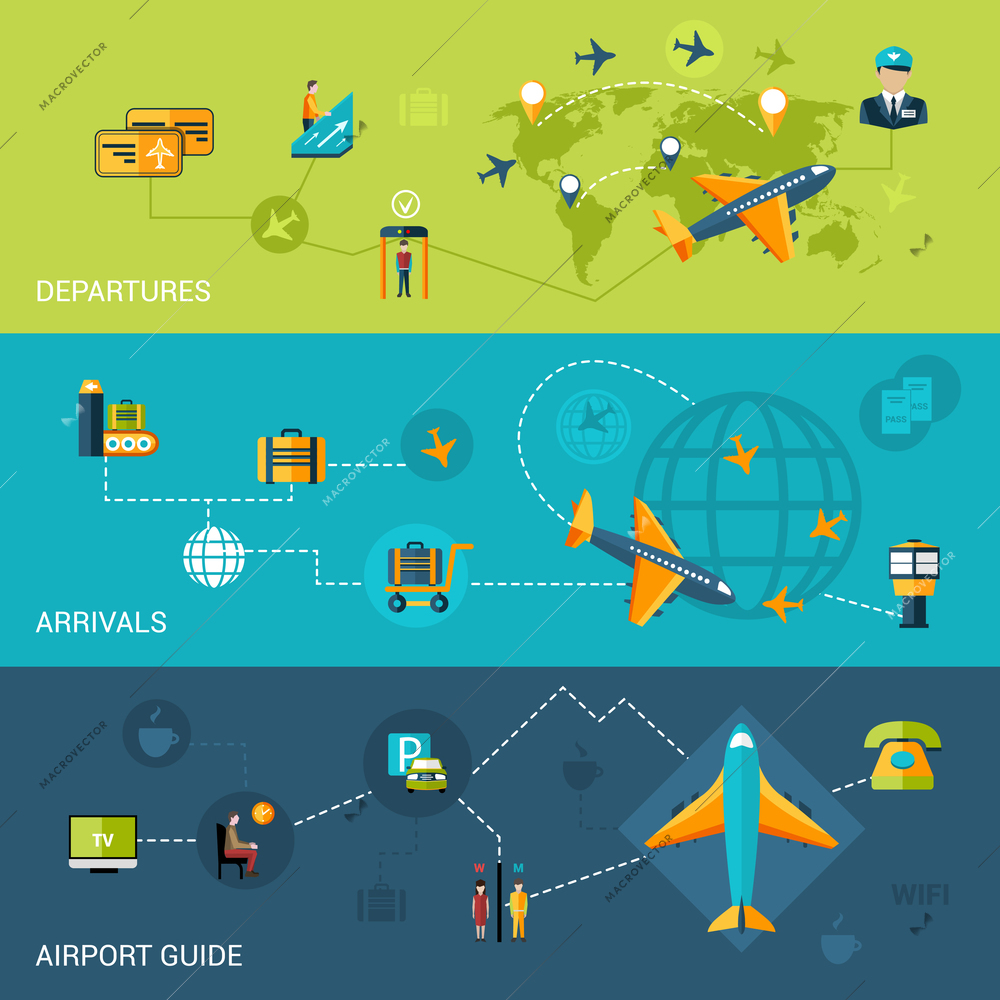 Airport flat banners set with departure arrival guide elements isolated vector illustration