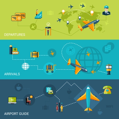 Airport flat banners set with departure arrival guide elements isolated vector illustration