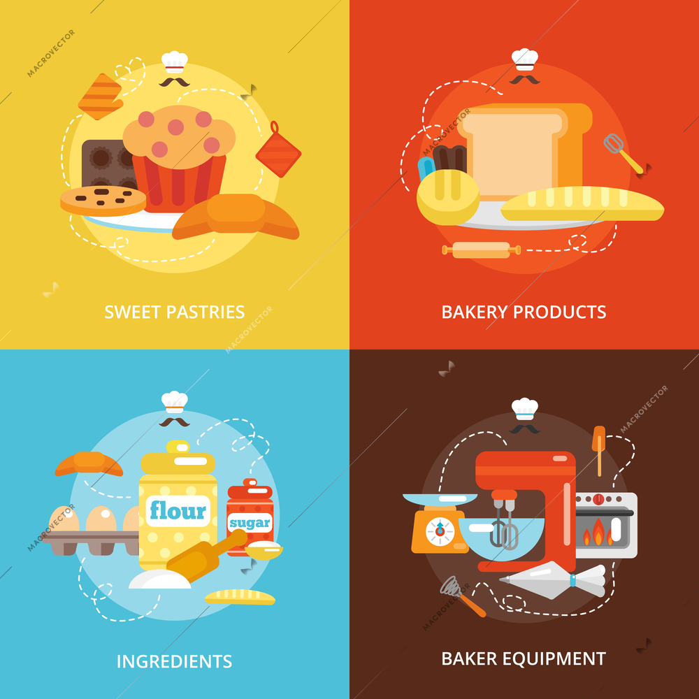Bakery flat icons set with sweet pastries products ingredients baker equipment isolated vector illustration