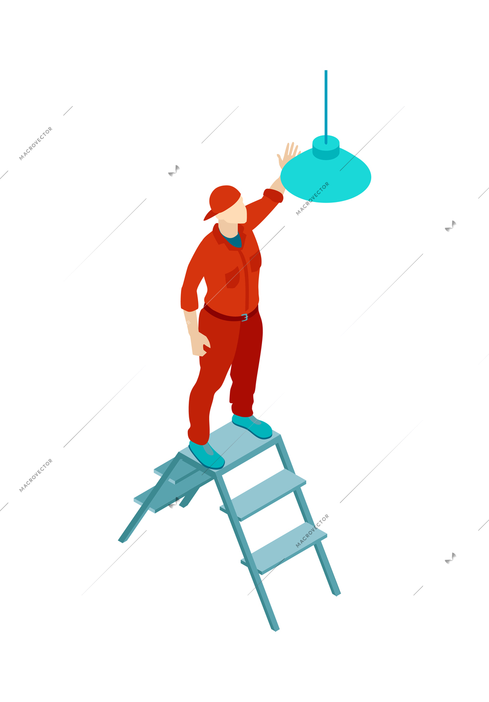 Isometric electric composition with isolated view of electrical brigade member working isolated on blank background vector illustration