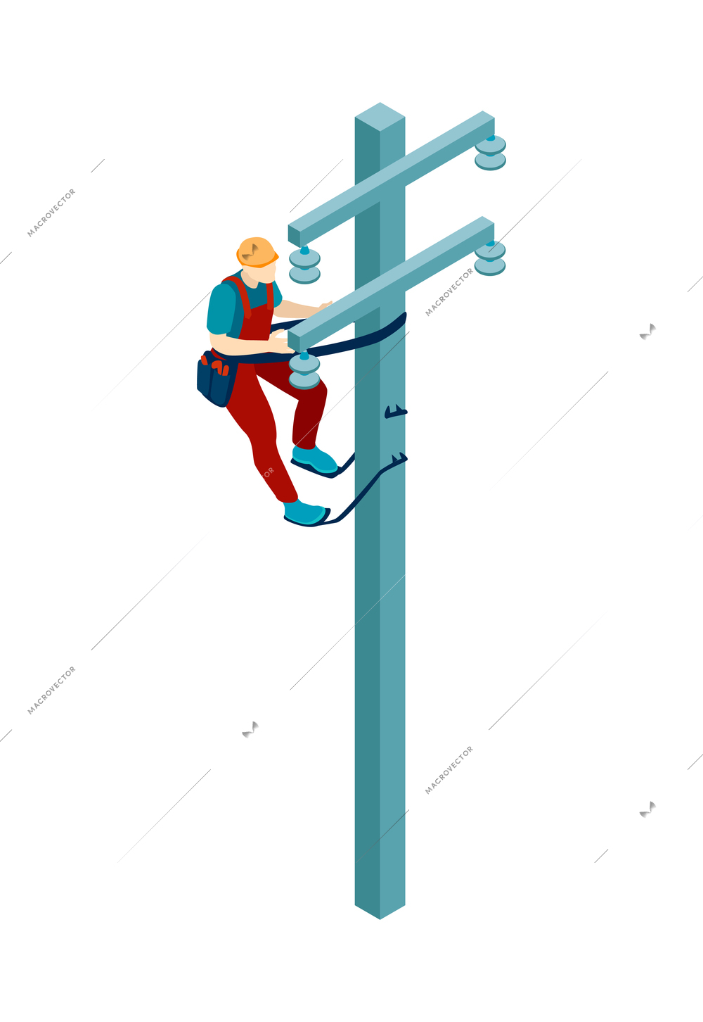 Isometric electric composition with isolated view of electrical brigade member working isolated on blank background vector illustration