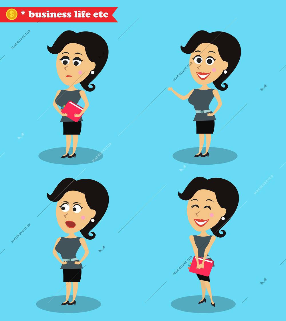 Business women life. Clever office girl standing set of emotion poses vector illustration