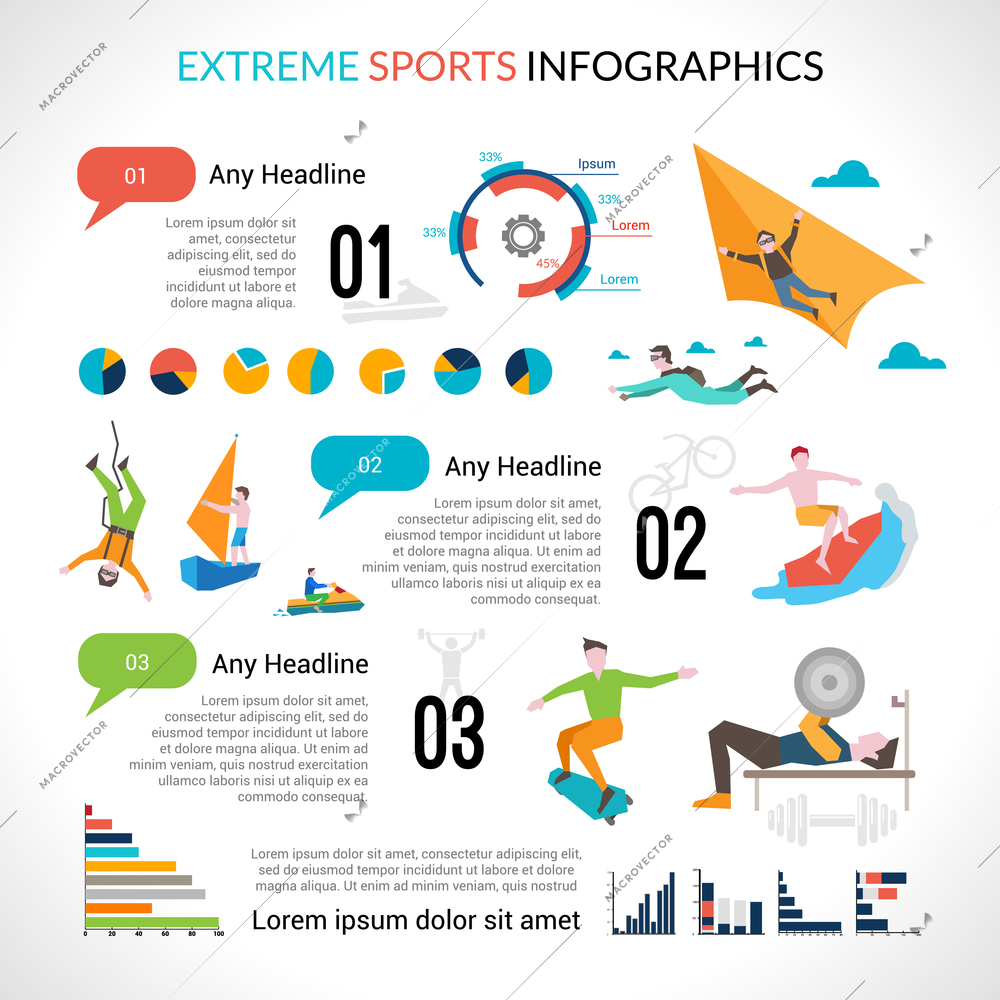 Extreme sports infographics set with dangerous outdoor activities and charts vector illustration