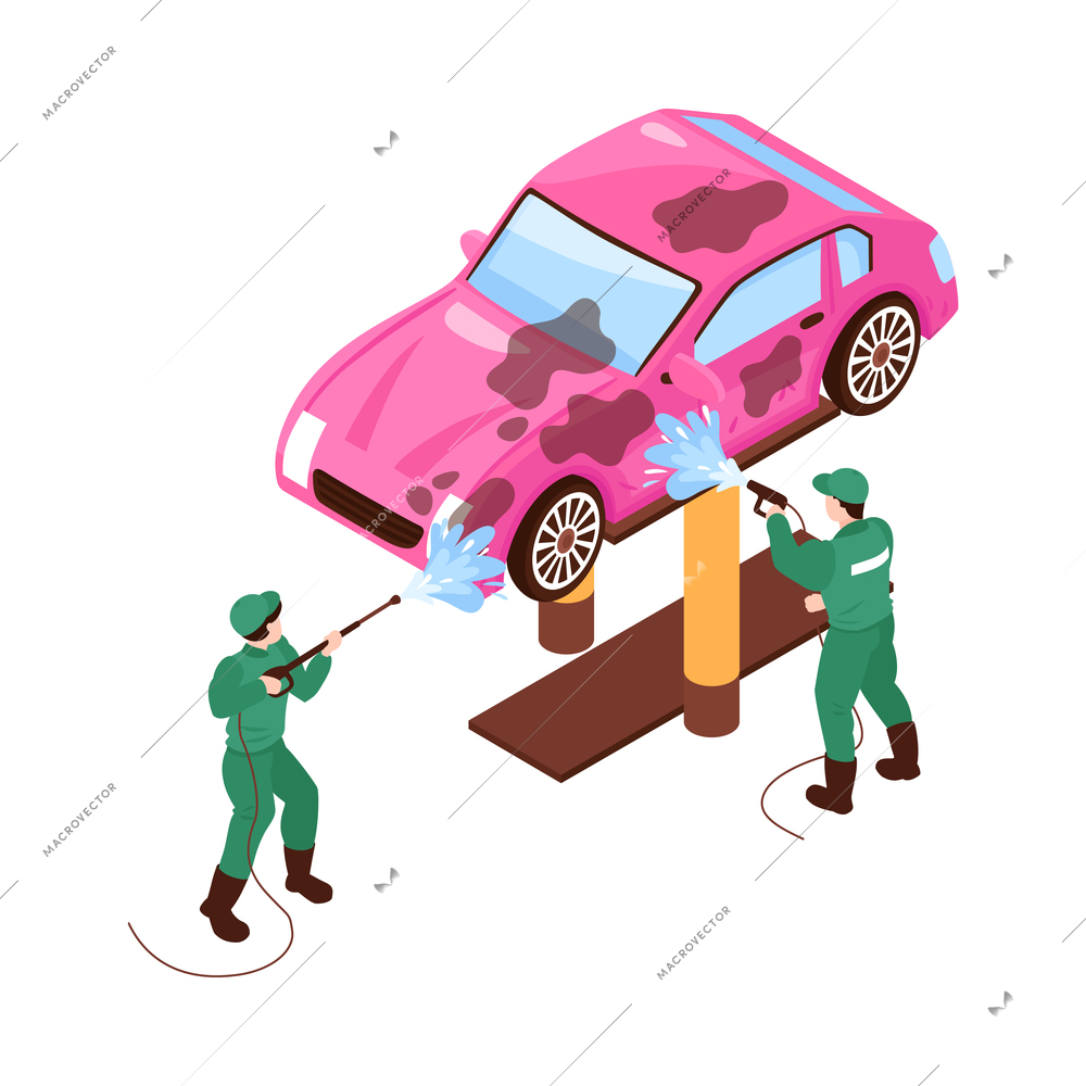 Isometric car washing services composition with isolated image of car wash on blank background vector illustration