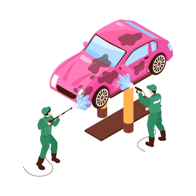 Isometric car washing services composition with isolated image of car wash on blank background vector illustration