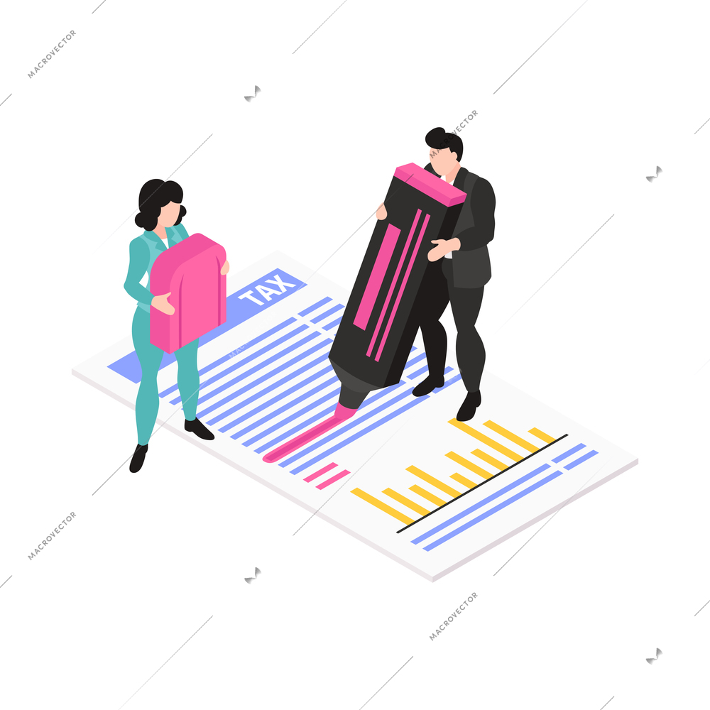 Isometric accounting composition with conceptual images little people characters and workspace items vector illustration