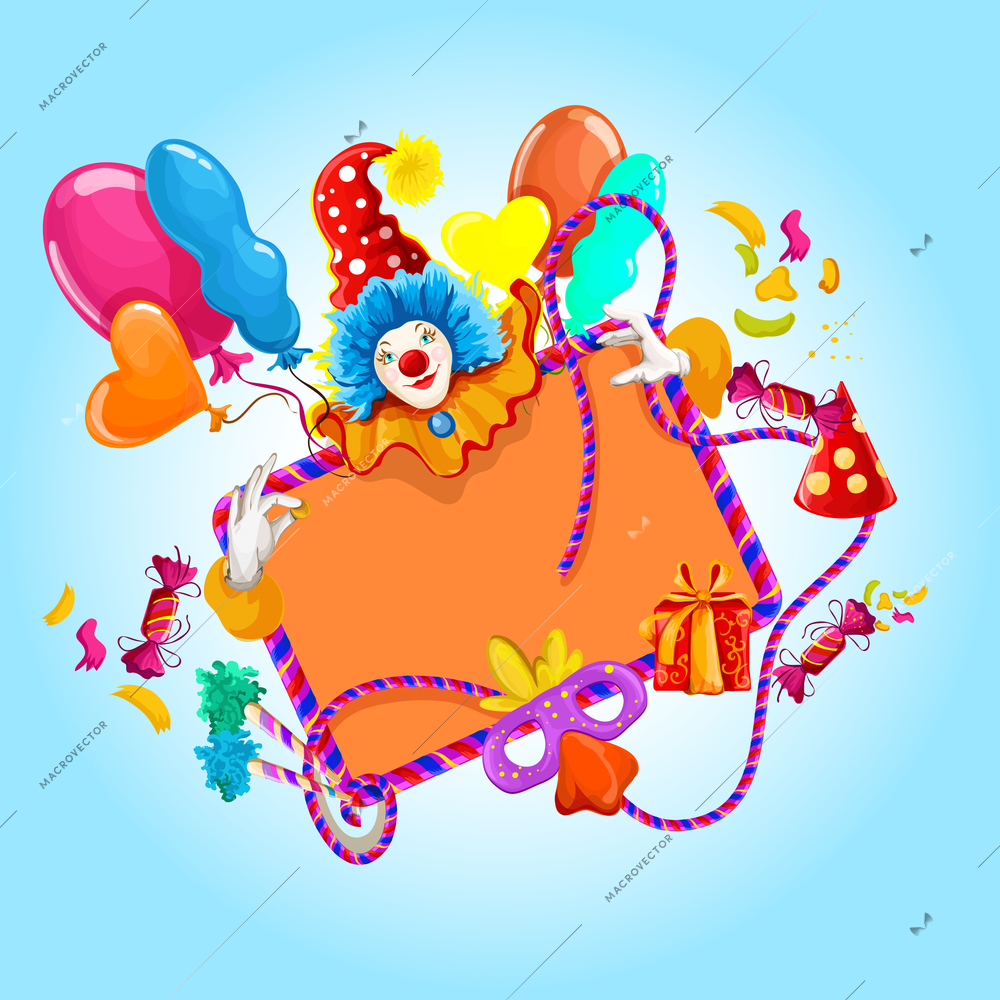 Celebration colored background with clown balloons and decoration vector illustration