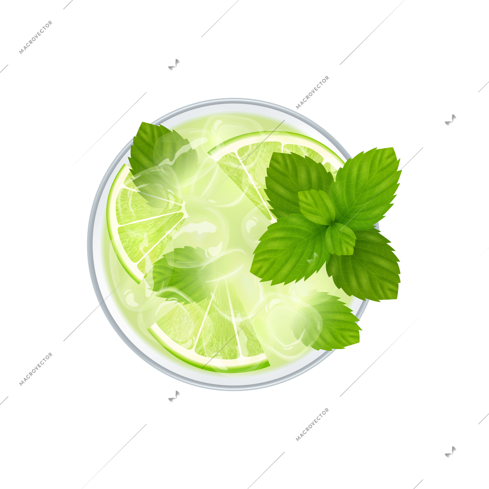 Realistic cocktail top view composition isolated image of sipper cocktail topping from above vector illustration