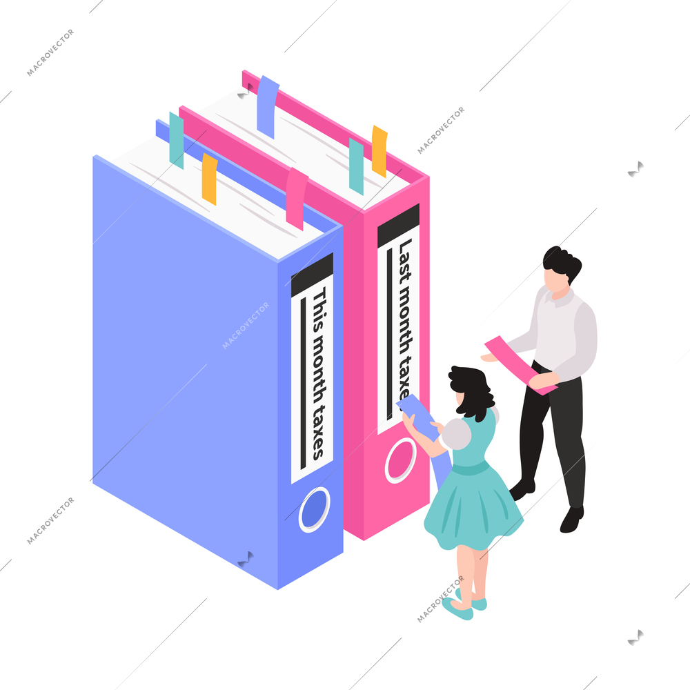 Isometric accounting composition with conceptual images little people characters and workspace items vector illustration