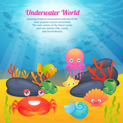 Exotic underwater world  tropical oceanarium  cartoon creatures  cute star fishes corals animals advertisement poster abstract vector illustration.