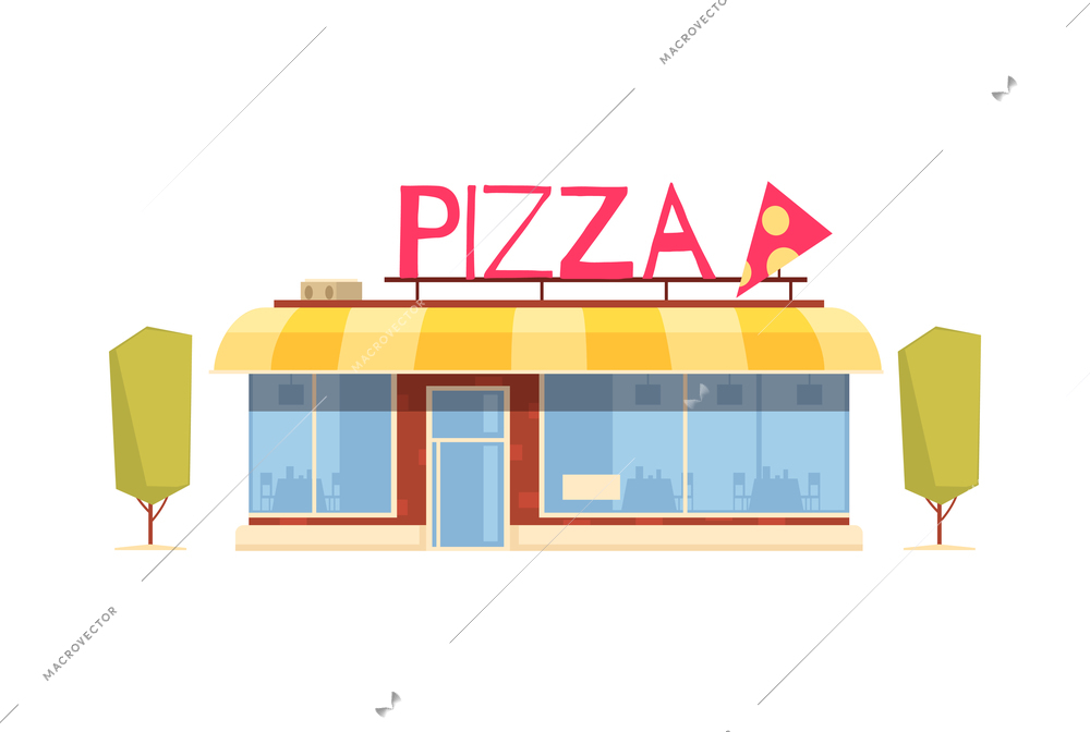 Pizza composition with isolated view of storefront on blank background vector illustration