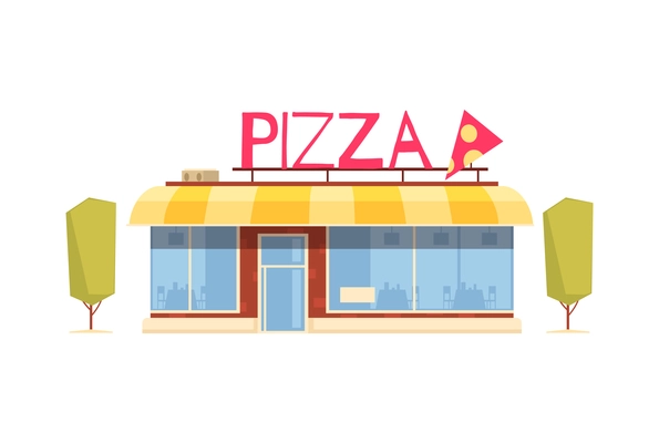 Pizza composition with isolated view of storefront on blank background vector illustration