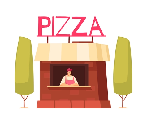 Pizza composition with isolated view of storefront on blank background vector illustration