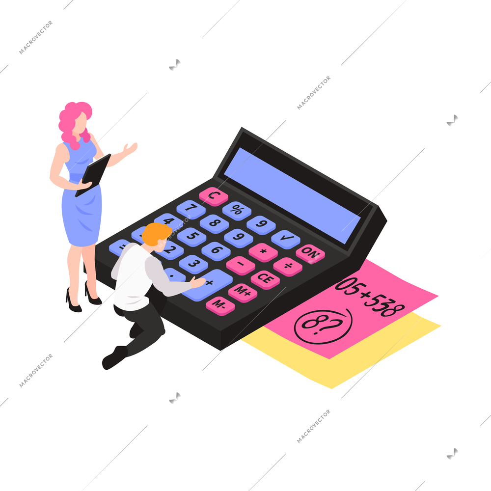 Isometric accounting composition with conceptual images little people characters and workspace items vector illustration