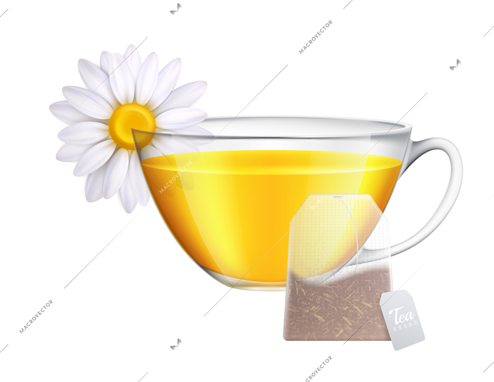 Tea brewing bag realistic composition with transparent cup of tea and tea leaves on blank background vector illustration