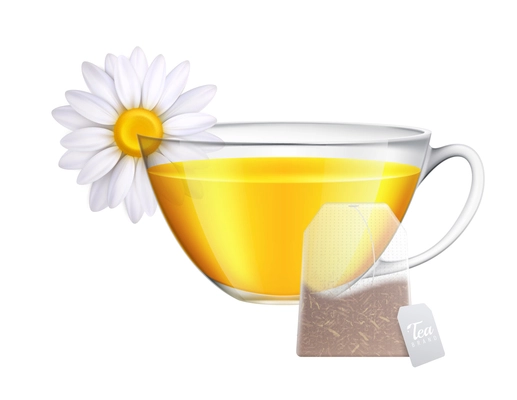 Tea brewing bag realistic composition with transparent cup of tea and tea leaves on blank background vector illustration