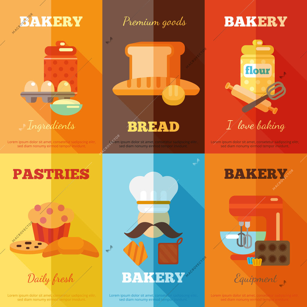 Bakery mini poster set with premium goods bread daily fresh pastries isolated vector illustration