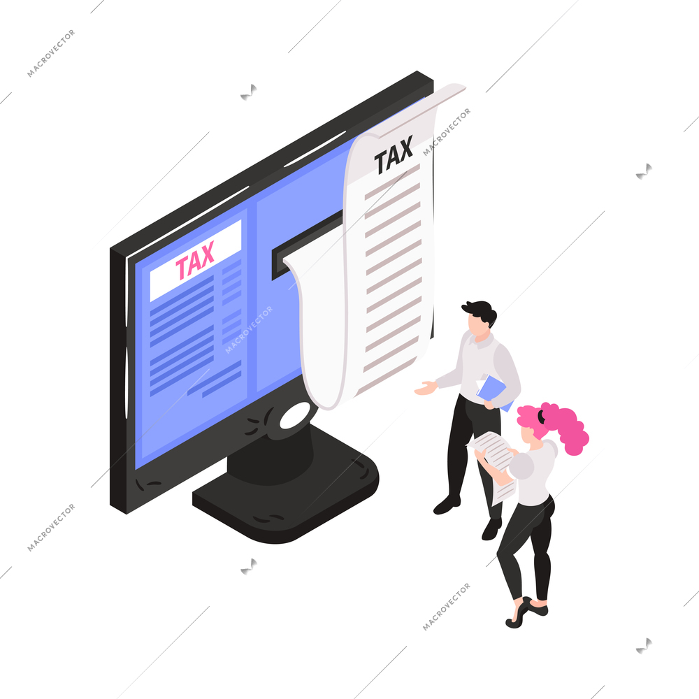 Isometric accounting composition with conceptual images little people characters and workspace items vector illustration