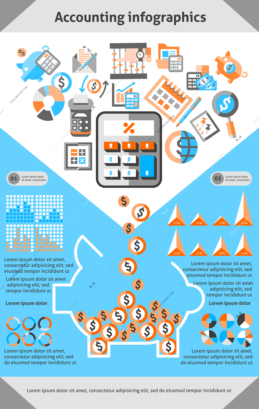 Accounting infographics set with piggy bank and finance budget elements vector illustration