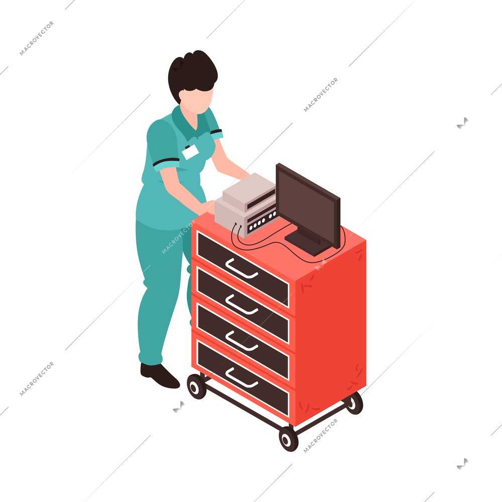 Isometric doctor nurse hospital workers composition with isolated clinic icons on blank background vector illustration