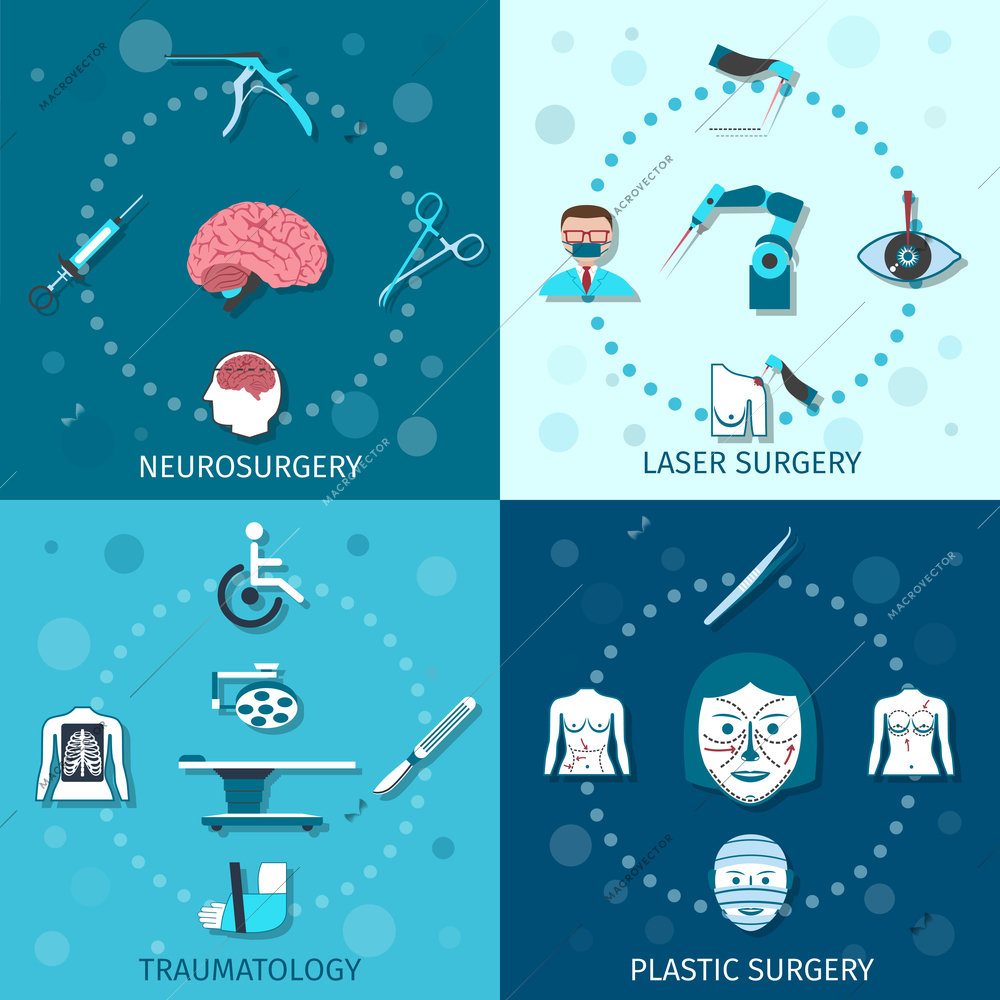 Medical surgery flat icons set with laser plastic neurosurgery traumatology isolated vector illustration