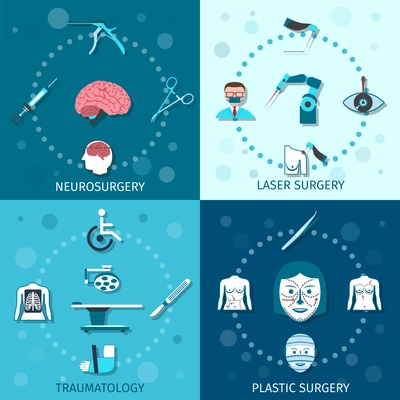 Medical surgery flat icons set with laser plastic neurosurgery traumatology isolated vector illustration