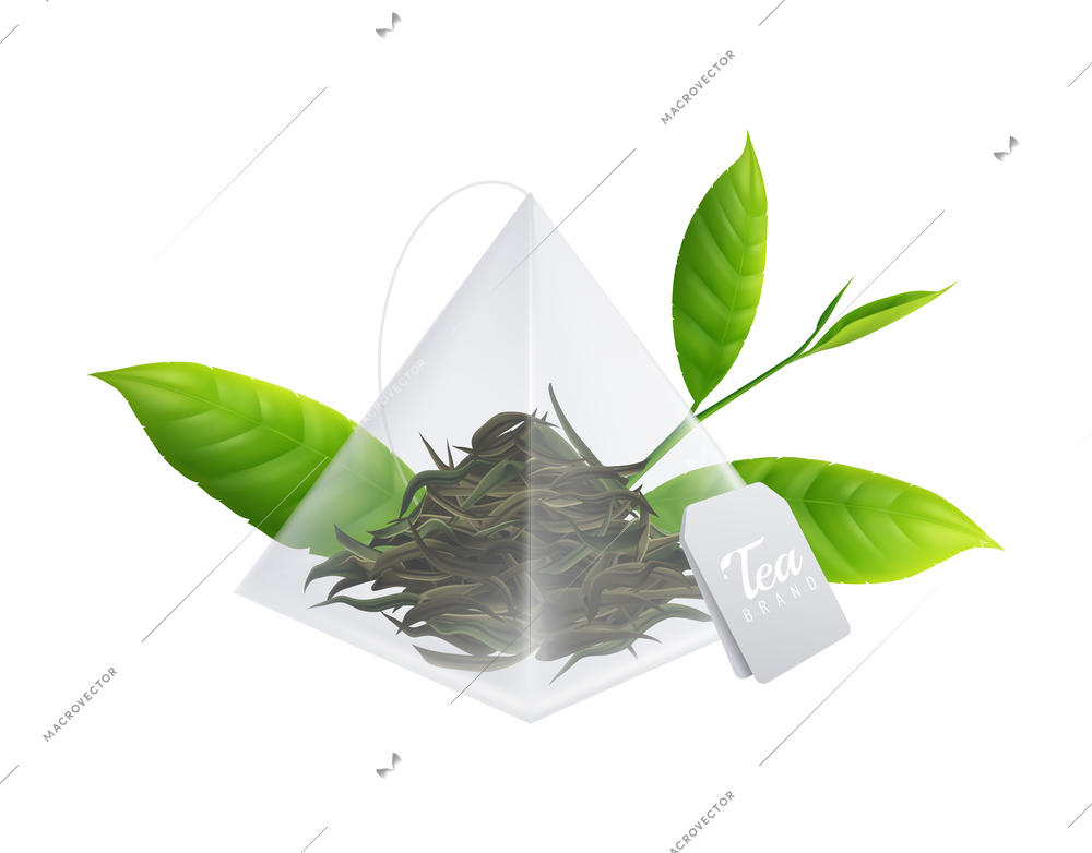 Tea brewing bag realistic composition with transparent background and tea icon vector illustration