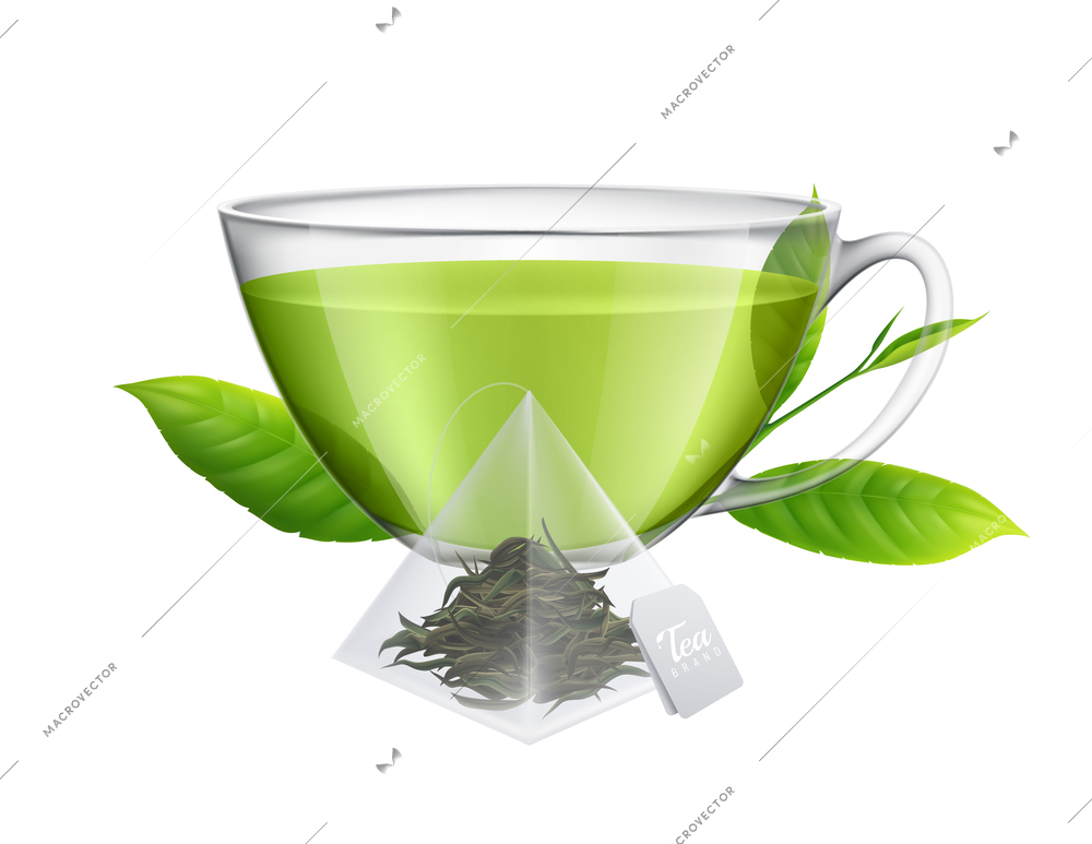 Tea brewing bag realistic composition with transparent cup of tea and tea leaves on blank background vector illustration