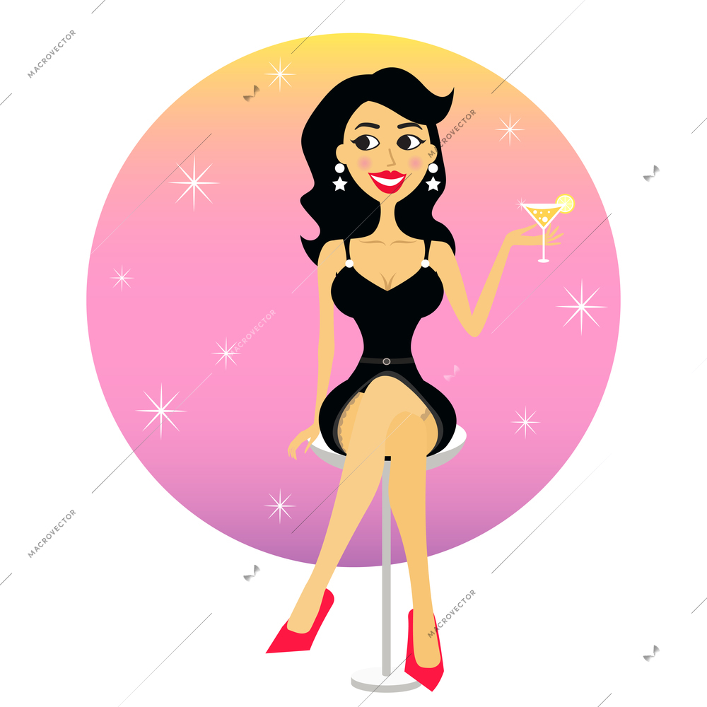 Pretty girl in short black dress and stockings vector illustration