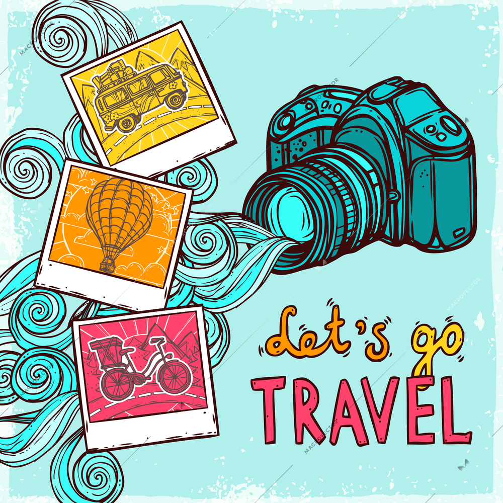 Vacation background with sketch photo camera and travel pictures vector illustration