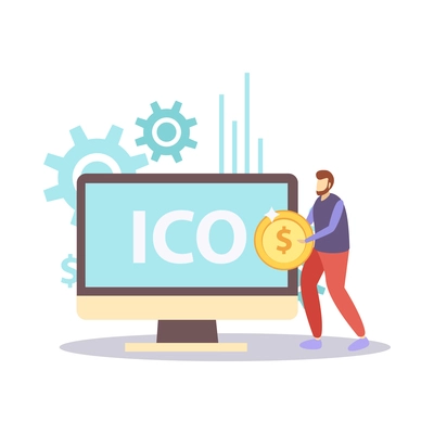 ICO blockchain cryptocurrency composition of flat business icons with small human characters vector illustration