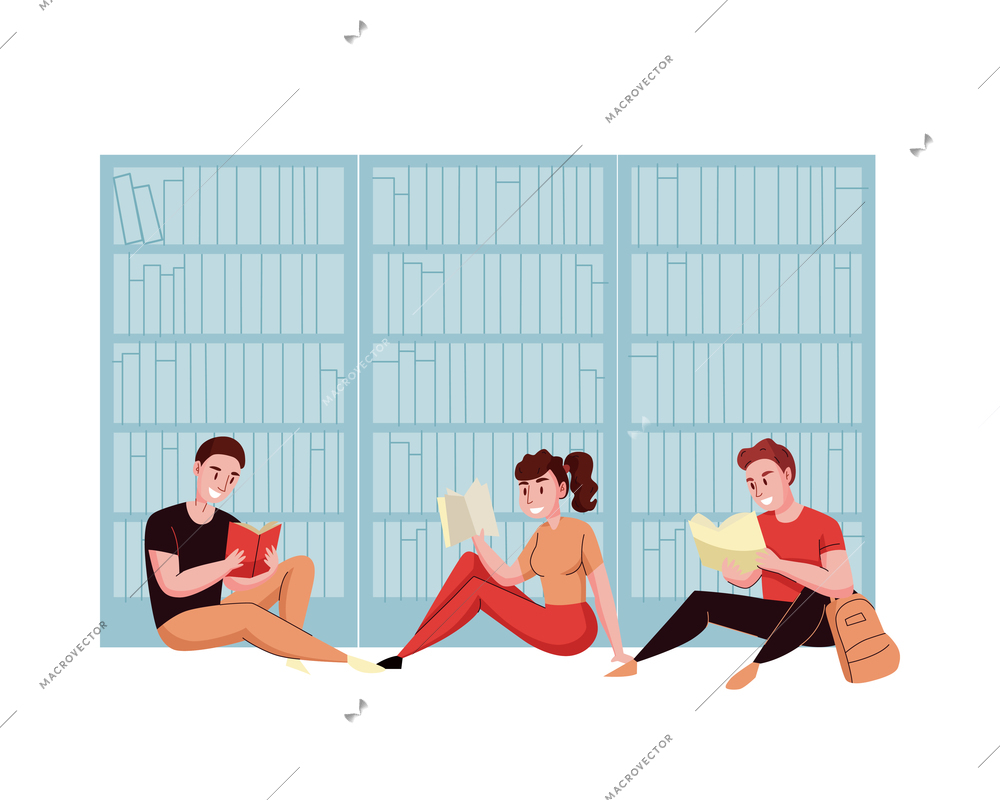Library composition with modern books reading flat images isolated on blank background vector illustration