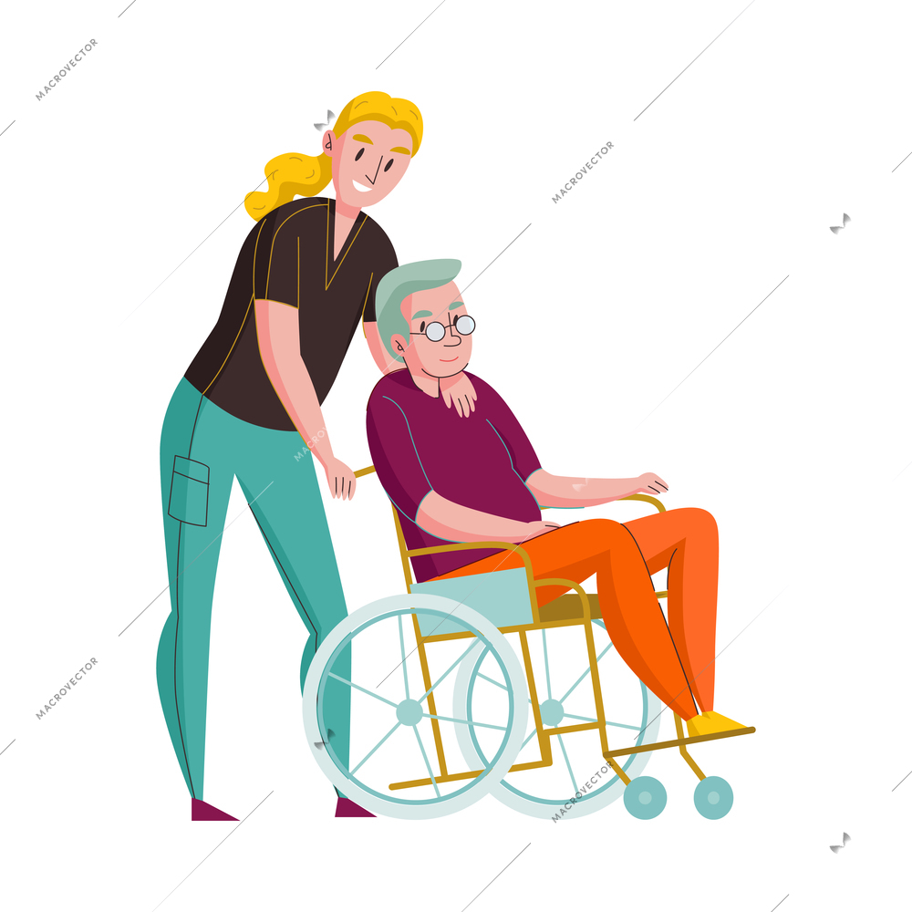 Nursing home composition with doodle style characters of volunteers elderly disables people vector illustration