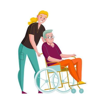 Nursing home composition with doodle style characters of volunteers elderly disables people vector illustration