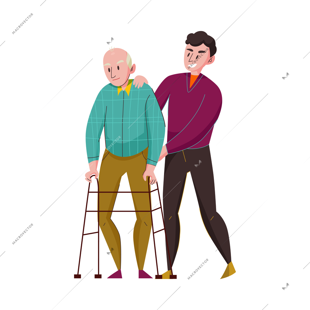 Nursing home composition with doodle style characters of volunteers elderly disables people vector illustration