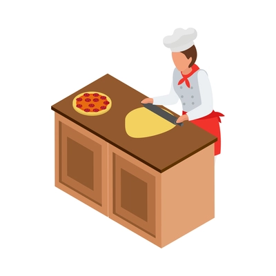 Cooking isometric composition with human character of cook with kitchen appliances vector illustration