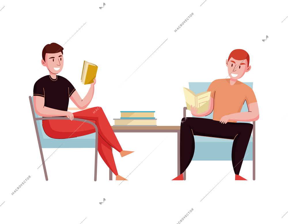 Library composition with modern books reading flat images isolated on blank background vector illustration