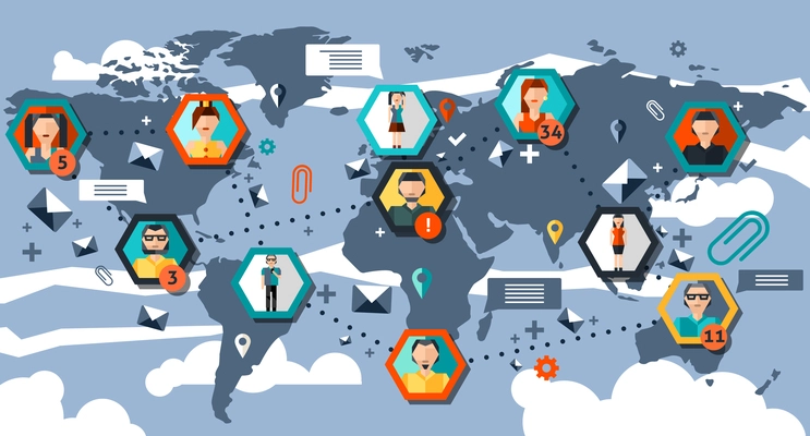 Social network infographics with hexagon people avatars and world map vector illustration