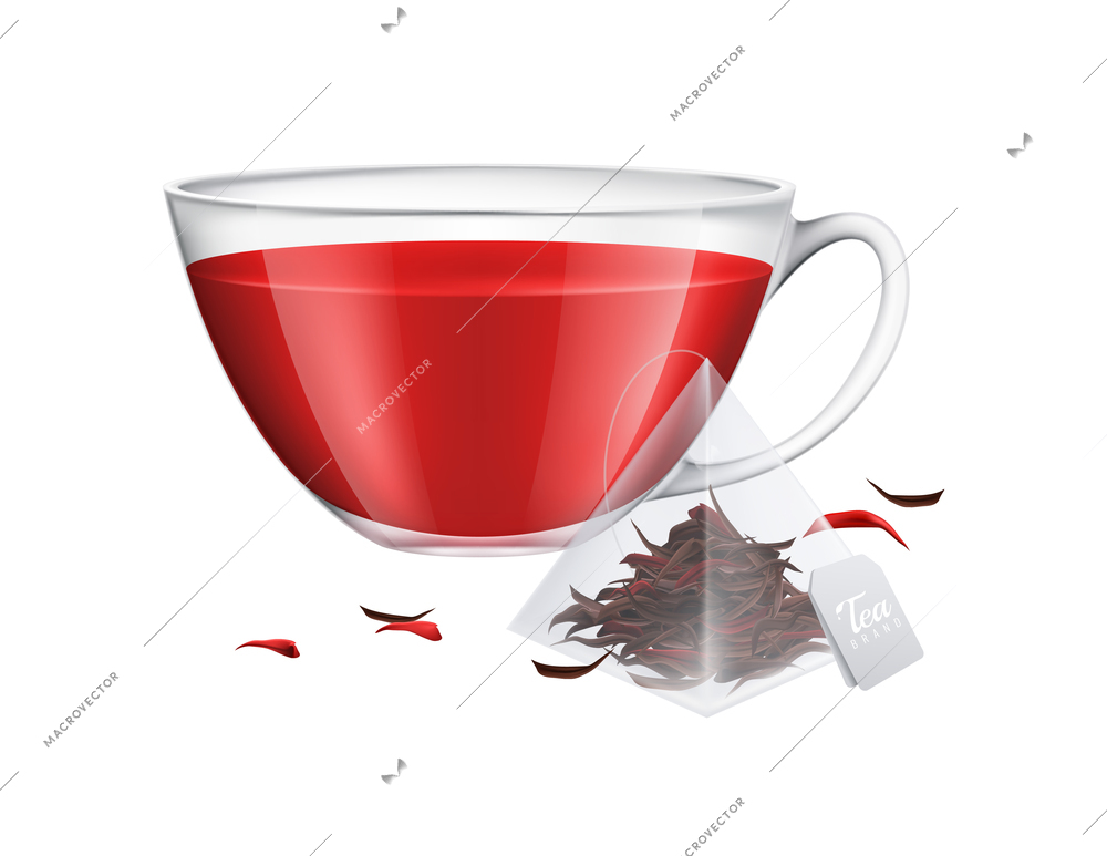 Tea brewing bag realistic composition with transparent cup of tea and tea leaves on blank background vector illustration