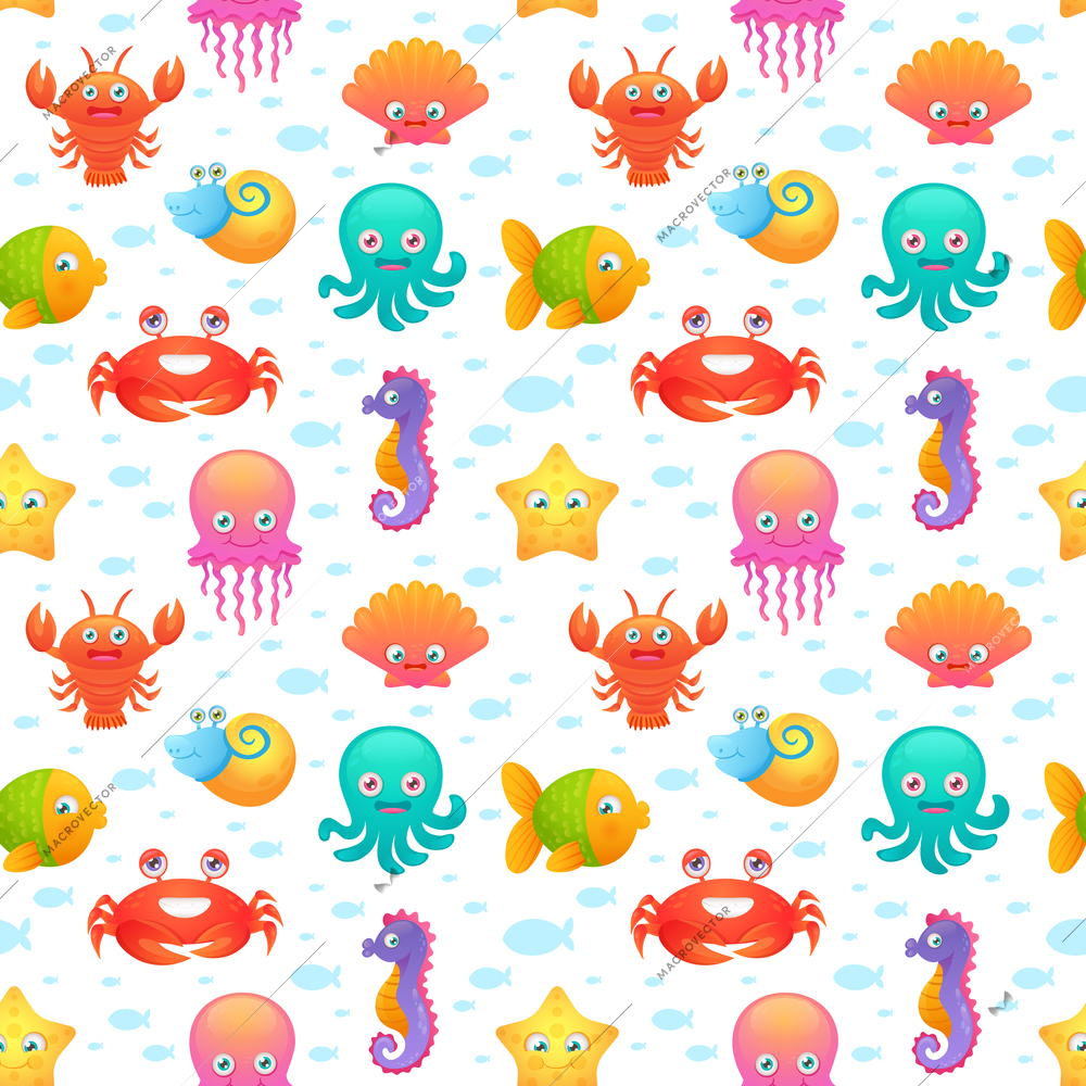 Cute collection of cartoon sea animals characters for children dormitory wallpaper decorative tileable abstract seamless vector illustration