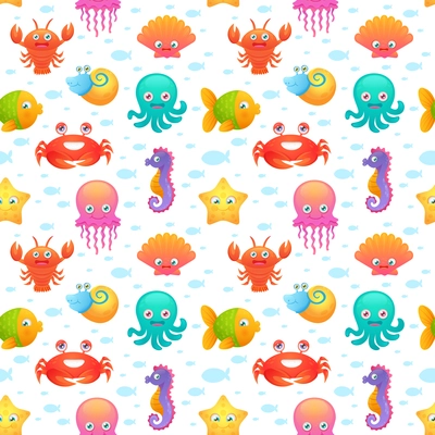 Cute collection of cartoon sea animals characters for children dormitory wallpaper decorative tileable abstract seamless vector illustration