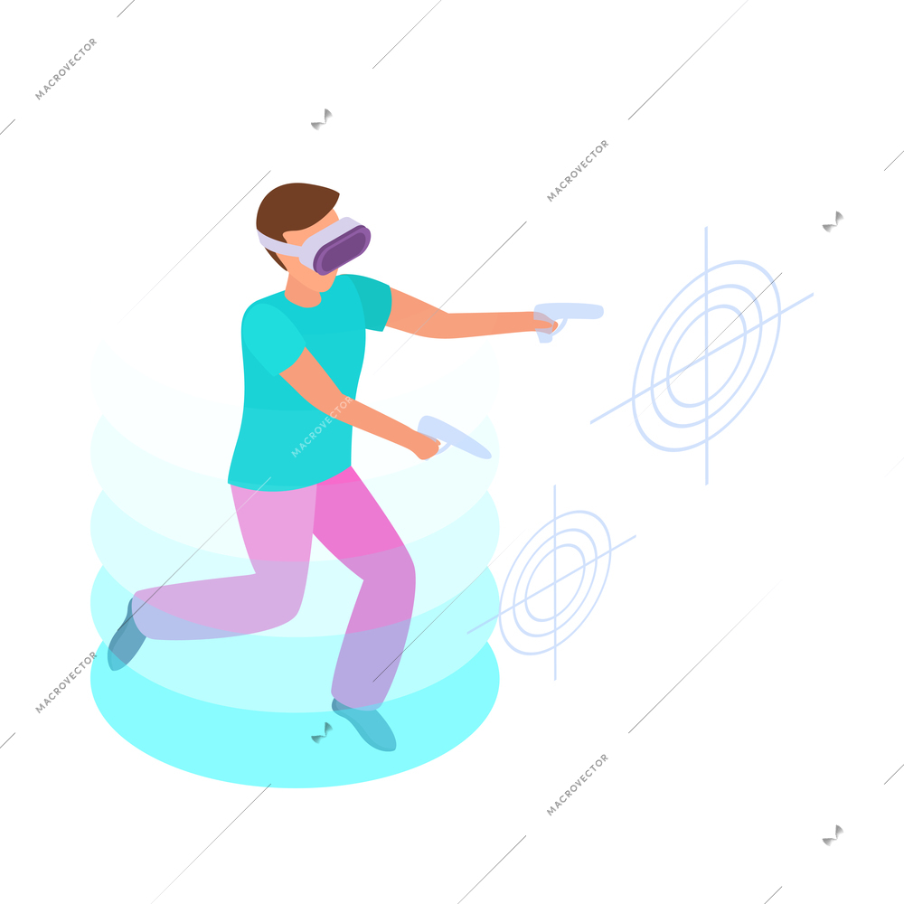 Virtual augmented reality composition with human character engaged in vr activity surrounded by holographic isometric icons vector illustration