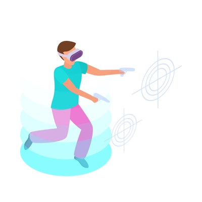 Virtual augmented reality composition with human character engaged in vr activity surrounded by holographic isometric icons vector illustration