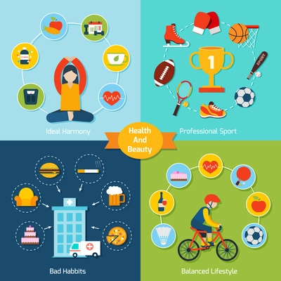 Health and beauty set with ideal harmony professional sport bad habits balanced lifestyle icons flat isolated vector illustration