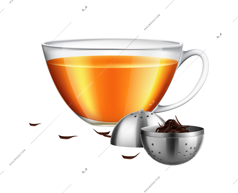 Tea brewing bag realistic composition with transparent cup of tea and tea leaves on blank background vector illustration