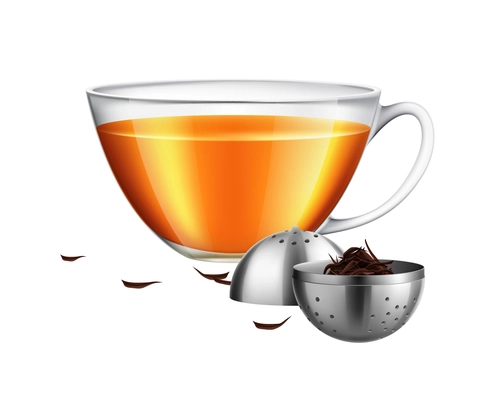 Tea brewing bag realistic composition with transparent cup of tea and tea leaves on blank background vector illustration